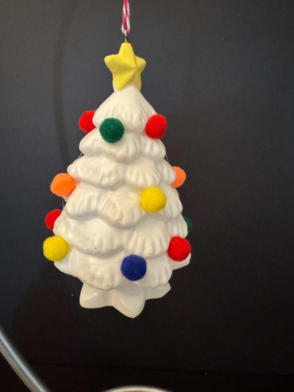 Set Of 11 White Plastic Christmas Tree Ornaments Star & Colorful Pom Pom Accents